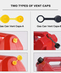 Two types of gas can vent caps, yellow and black, shown on red gas cans. Includes Spout Replacement Kit For Gas Cans With Preinstalled Gaskets.
