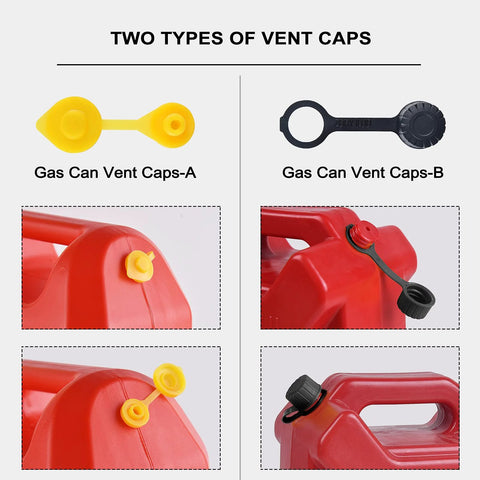 Two types of gas can vent caps, yellow and black, shown on red gas cans. Includes Spout Replacement Kit For Gas Cans With Preinstalled Gaskets.