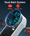 4 in 1 Plug In Gas and CO Detector with Temperature and Humidity Sensors displaying 87F, 0 PPM, and 45 RH% with dual alert system.