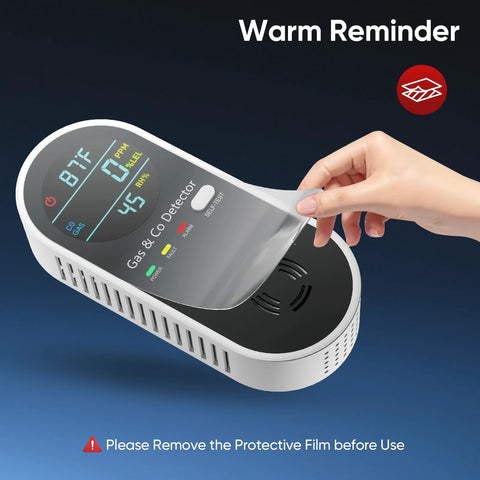 Hand peeling off protective film from 4 in 1 Plug In Gas and CO Detector with Temperature and Humidity Sensors, displaying screen.