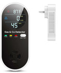Front and side view of 4 in 1 Plug In Gas and CO Detector with Temperature and Humidity Sensors, including digital display and plug.