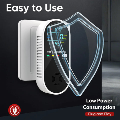 Side view of 4 in 1 Plug In Gas and CO Detector with Temperature and Humidity Sensors, showing digital display and shield.