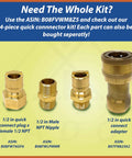 Quick Connect Brass Gas Fitting For Propane And Natural Gas, showing 1/2 inch male NPT plug, nipple, and adapter components.