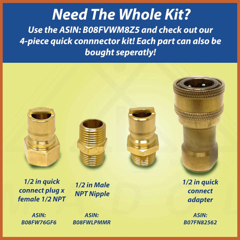 Quick Connect Brass Gas Fitting For Propane And Natural Gas, showing 1/2 inch male NPT plug, nipple, and adapter components.