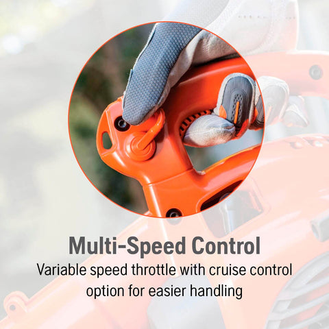 Close-up of cruise control and variable speed throttle on Powerful 28cc Gas Leaf Blower With 1.1 HP Two Cycle Engine, 470 CFM Air Volume And 170 MPH Air Velocity, Auto Return Stop Switch, Cruise Control, Handheld Ergonomic Design For Easy Yard Cleanup Husqvarna
