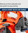 Close-up of Powerful 28cc Gas Leaf Blower with 1.1 HP Two Cycle Engine, Quick Start with Air Purge feature visible