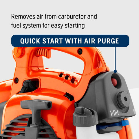 Close-up of Powerful 28cc Gas Leaf Blower with 1.1 HP Two Cycle Engine, Quick Start with Air Purge feature visible
