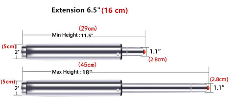 Heavy Duty Six Point Five Inch Long Stroke Gas Lift Cylinder For Office Chairs And Stools Replacement Universal Size Hydraulic Pneumatic Shock Piston Supports Up To 450 Lbs Fits Most Executive Chairs, showing min and max extension with dimensions labeled.