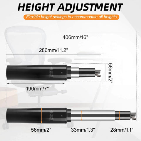 Heavy Duty Gas Lift Cylinder for Herman Miller Aeron Chair, 4 Hydraulic Piston with 500 lbs, Part #7 1B65LR, with dimensions shown