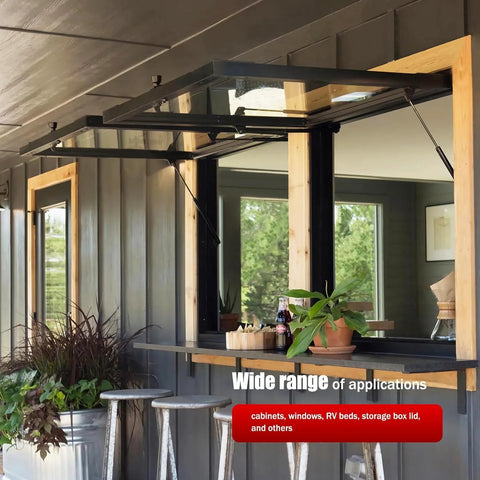 Indoor outdoor bar with open window supported by 10mm Ball Stud Gas Spring Mounting Bracket Kit With 4 L Type Brackets, 4 Flat Type.