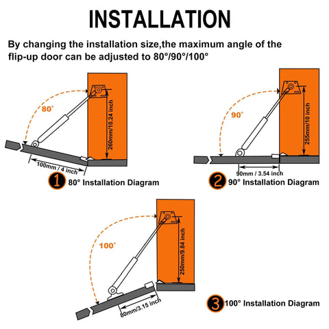 Installation diagram for 2 Pack 100N/22LBS Drop Down Gas Struts, showing angles of 80°, 90°, and 100° for cabinet door adjustment.