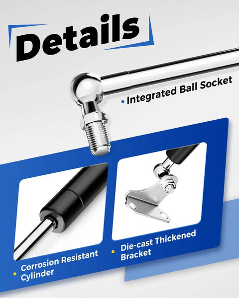 Details of 15 Inch 100 Lb Gas Struts With Brackets 2 Pack For RV Beds Hatches And Storage Lids showing integrated ball socket