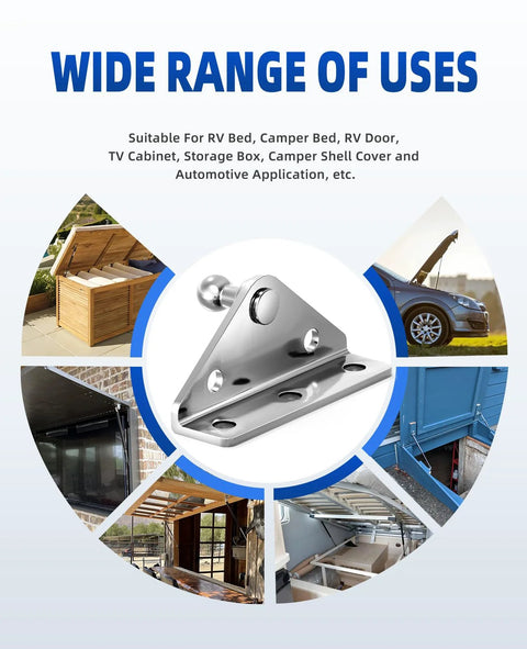 Visual showing applications of Gas Struts Mounting Bracket 10mm Ball Stud Kit on RVs, cabinets, automotive and more with installation scenarios.