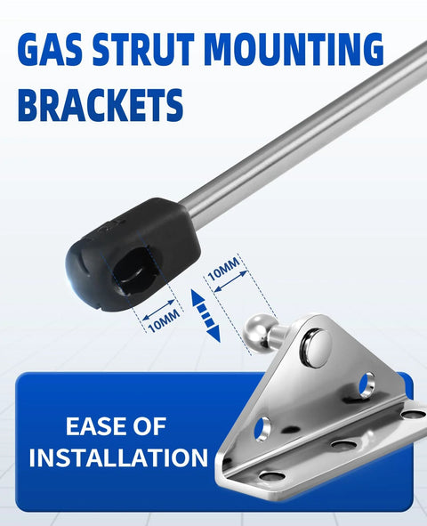 Gas Struts Mounting Bracket 10mm Ball Stud Kit 4 angled brackets with 20 screws shown with 10mm measurement and ease of installation