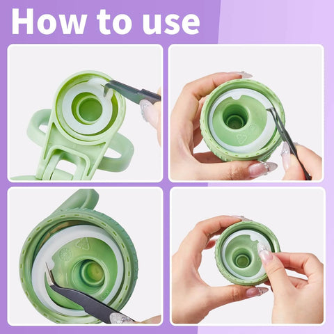 How-to guide for Leak Proof Lid Gasket Replacement Kit for Actives Water Bottles showing rubber seals and installation process.