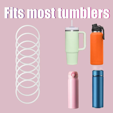 8 Pack Replacement Gasket Set For Wide Mouth Water Bottles With Flip Lid Caps Silicone O Ring Seals Rubber Gasket Stoppers Leak Proof Water Bottle Lid Gasket Replacement Kit With Tweezers For Durable Seal shown with various colorful tumblers