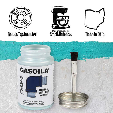 Soft Set Pipe Thread Sealant For Metal And Plastic By Gasoila, Non Hardening Paste With Brush Cap shown with open cap and brush