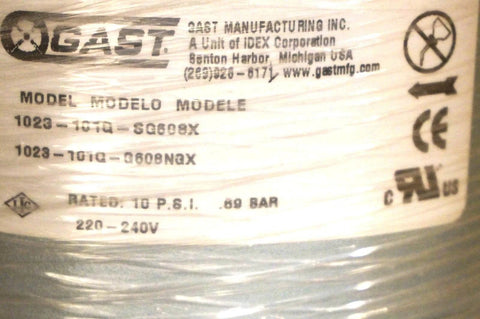 Label on Gast 1023-101Q-SG608X Replacement Rotary Vane Septic Air Pump showing model number and specifications