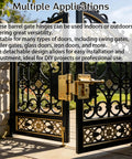 Ornate iron gate using 12 Pcs 4 Inch BBQ Smoker Bullet Weld On Bullet Hinges with a gold finish, installed outdoors