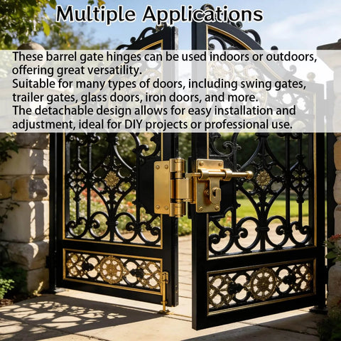 Ornate iron gate using 12 Pcs 4 Inch BBQ Smoker Bullet Weld On Bullet Hinges with a gold finish, installed outdoors