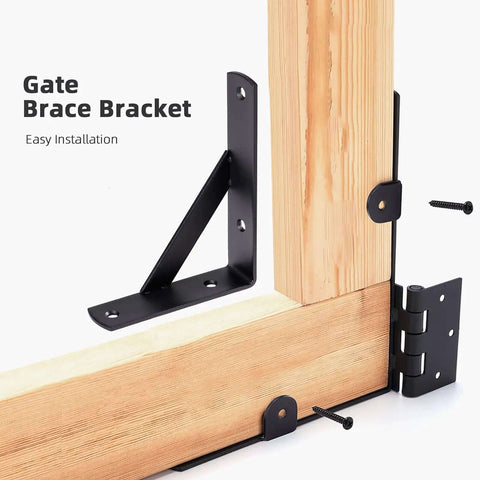 Heavy Duty Anti Sag Gate Kit With Latch For Wooden Fence Gates, corner brace brackets, rust resistant steel hardware shown.