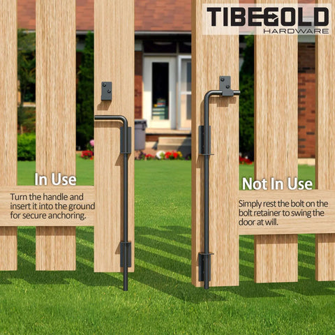 12 Inch Heavy Duty Cane Bolt Gate Drop Rod For Wood, PVC, Vinyl, And Metal Fences And Gates, shown in use and not in use