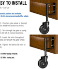 Installation steps for Four Inch Spring Loaded Caster Wheel Set For Gates And Fences, shown on wooden gate.