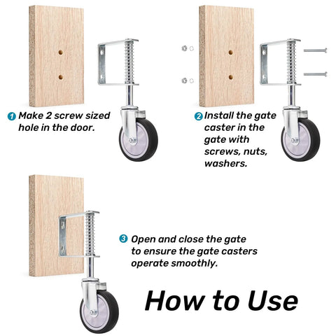 Installation steps for 2 Pack Spring Loaded Gate Casters For Wooden And Metal Gates, 4 Inch Heavy Duty Gate Wheels with swivel feature.