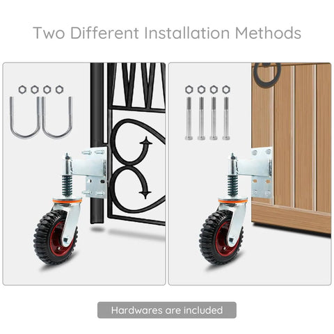 6 Inch Gate Caster With 360 Degree Rotation Spring Loaded Heavy Duty Fence Gate Wheels For Metal Tubes Includes Screws And Screwdriver Reinforced Ball Bearings shown installed on metal and wooden gates