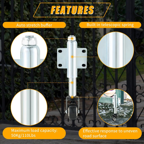 2 Inch Spring Loaded Gate Caster Set Of 2 With TPU Wheels features diagram, heavy duty design with telescopic spring and auto stretch buffer.