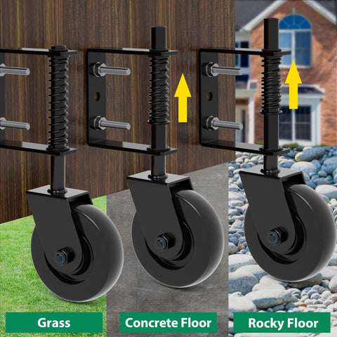 Close-up of 4.3 Inch Heavy Duty Gate Wheel with 360 Degree Rotation, solid steel, TPR wheel, for various surfaces.