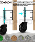 4.3 Inch Heavy Duty Gate Caster With Bearing And Spring Loaded Gate Wheel, 360 Degree Rotation For Wooden Gates, Fences And Metal Tube Gates, Supports Up To 220 Lb, Black, 1 Pack Easy To Install, shown with spring shock absorb design on wooden gate.