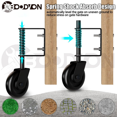 4.3 Inch Heavy Duty Gate Caster With Bearing And Spring Loaded Gate Wheel, 360 Degree Rotation For Wooden Gates, Fences And Metal Tube Gates, Supports Up To 220 Lb, Black, 1 Pack Easy To Install, shown with spring shock absorb design on wooden gate.