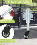 Spring Loaded Gate Caster Set Of Two With Two And A Half Inch PU Swivel Wheels Four Hole Mounting Plate, shown with measurements