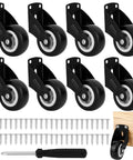 Eight Pieces Two Inch Gate Wheels With 48 Screws Included Anti Sag Door Bottom Support Gate Caster Wheels Anti Friction Swivel Rolling Casters For Wooden Doors And Furniture Vertical Or Bottom Mount Installation, shown with installation screws and mounted example.