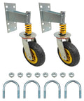 6 Inch Gate Caster Wheels For Metal Swing Tube Gate And Farm Wooden Fence Gate 360 Degree Swivel Spring Loaded With Auto Height Adjustment Prevents Sagging Heavy Duty 600 Lbs Capacity 2 Pack, shown with mounting hardware