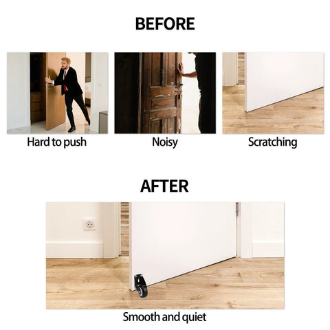 Before and after of wooden door with Eight Pieces Two Inch Gate Wheels With 48 Screws Included Anti Sag Door Bottom Support Caster