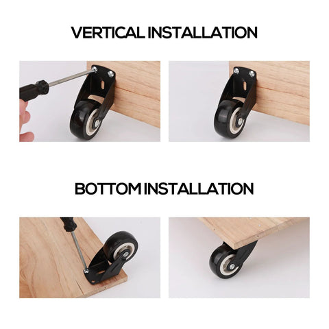 Eight Pieces Two Inch Gate Wheels With 48 Screws Included Anti Sag Door Bottom Support Gate Caster Wheels Anti Friction Swivel Rolling Casters For Wooden Doors And Furniture Vertical Or Bottom Mount Installation shown in vertical and bottom installations