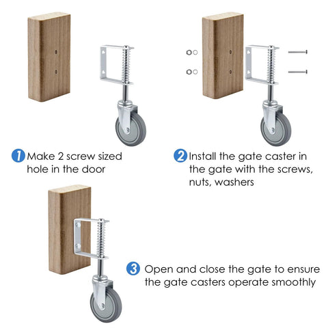 Installation steps for 2 Pack Heavy Duty Spring Loaded Gate Casters With 4 Inch Sliding Wheels For Wooden And Metal Gates Each Supports 250 To 500 Lbs Made From Corrosion Resistant Steel For Outdoor Use Easy Gate Opening And Closing