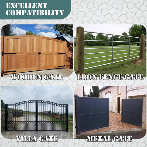 Image showing 8 Inch Gate Wheel For Metal Tube And Wooden Gates, 15.4 Inch Height, Spring Loaded Heavy Duty Rubber Caster, 700 Lb Capacity installed on various gate types including wooden, iron, villa, and metal gates to demonstrate compatibility.