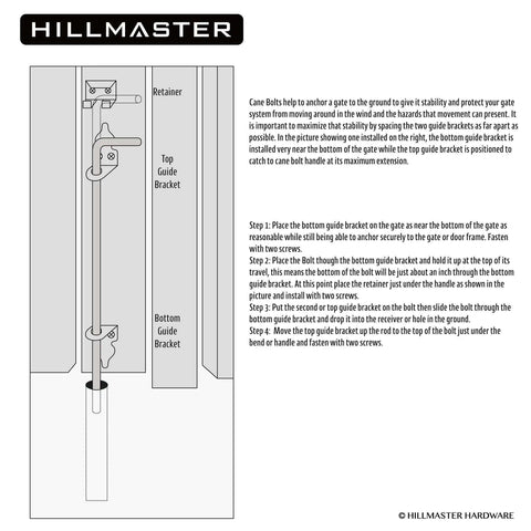 Installation diagram of Heavy Duty 18 Inch Cane Bolt Gate Drop Rod for Wood Fences and Doors with steel hardware, black finish.