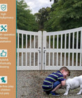 White garden gate with 36 Inch Heavy Duty Gate Drop Rod Two Pack Built Tough Black Solid Steel Cane Bolt Gate Latch installed