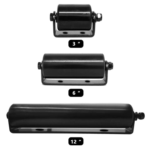 Three sizes of black gate guide rollers, 3-inch, 6-inch, and 12-inch, with welded brackets, heavy duty for smooth motion and stable alignment.