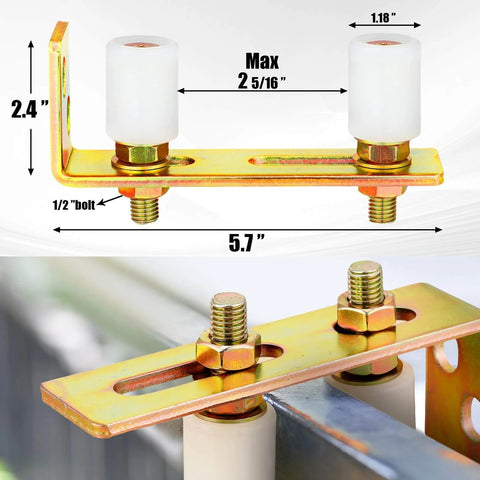 Adjustable Slide Gate Guide Roller Kit 4 Pack with Dual Nylon Rollers and L Rear Post Bracket installed on sliding gate.