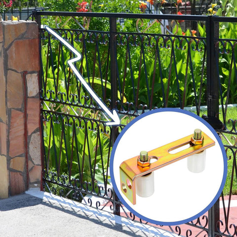 Adjustable Slide Gate Guide Roller Kit 4 Pack with Dual Nylon Rollers and L Rear Post Bracket installed on metal gate