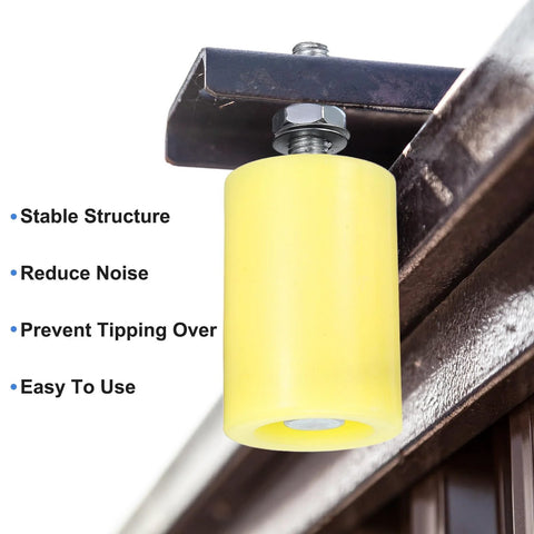 Two Pack Gate Guide Rollers With 60 Mm Diameter And 80 Mm Length Nylon Wheels Featuring Sealed Ball Bearings M12 Thread Universal Gate Support Assembly For Sliding Doors And Gates Yellow installed on gate.