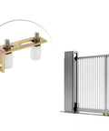 Slide Gate Guide Roller With L Post Bracket, Adjustable Dual Nylon Rollers for Sliding Gates, shown next to a metal gate, galvanized steel construction