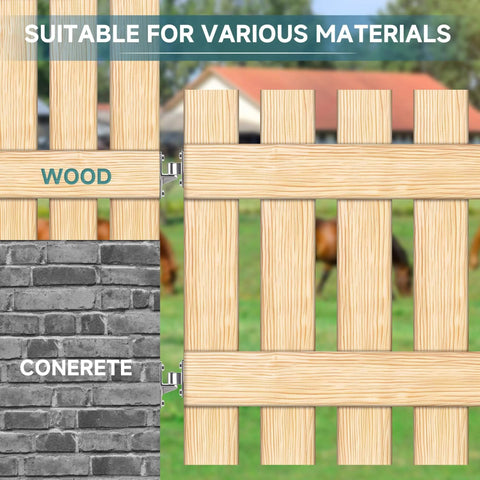 2 Pack Heavy Duty Gate Hinges, Wall Mount Gate Hinge Set showcased on wooden and concrete fences, robust support for farm gates.