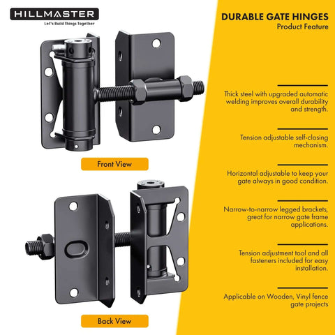 Built Tough Self Closing Gate Hinges For Metal Vinyl PVC Wood Fence With Adjustable Tension And 90 Degree Swing Gate Closer Hinges Gate Hardware Kit 2 Pack In Black Finish, showing front and back views.