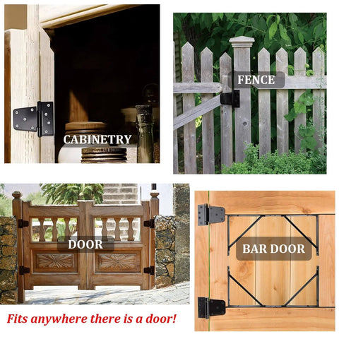 3-1/2" Heavy Duty Gate Hinges installed on cabinet, fence, wooden door, and bar door